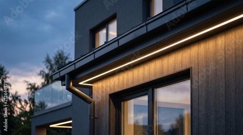 Modern House Exterior with Strip LED Lighting at Dusk