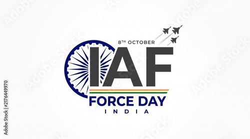 Plakat w ramie Indian Air Force Day emblem with fighter jets and national symbol on white background.
