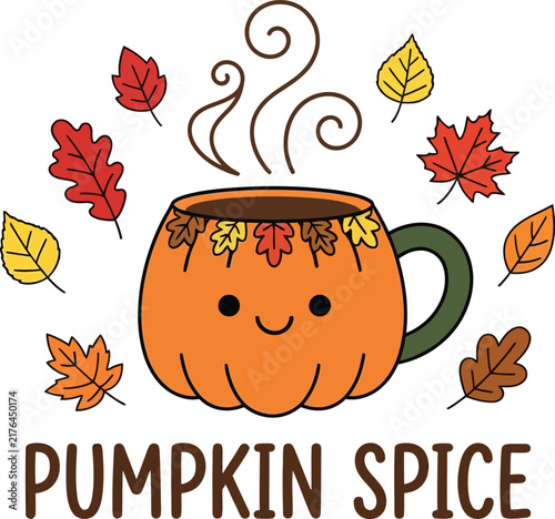 Cute Pumpkin Spice Latte Mug Illustration with Autumn Leaves and Steaming Hot Drink