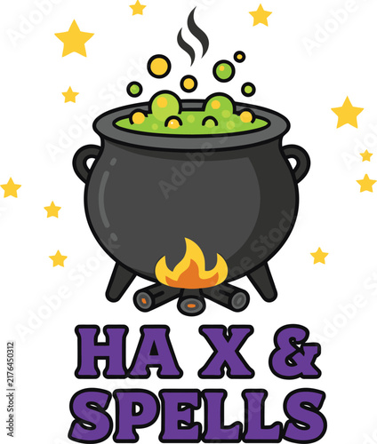 Pixel Art Witch Cauldron with Bubbling Potion and Halloween Spells Text Graphic