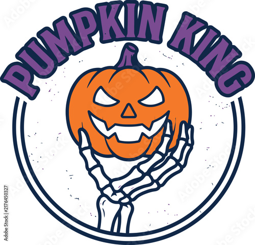 Pumpkin King Halloween badge with skeleton hand holding a scary jack-o-lantern illustration