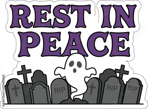 Cute Halloween Ghost with Rest in Peace Tombstones Illustration