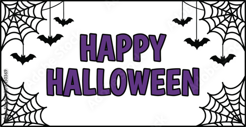Happy Halloween banner with hanging bats and spider webs for seasonal holiday decoration
