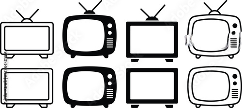 A collection of eight black and white television featuring vintage boxy with antennas, displayed in various outline and solid fill styles on white background