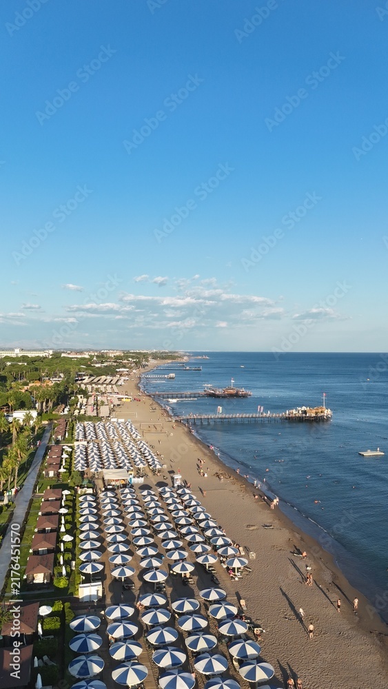 Obraz premium Aerial view of Turkish riviera, Belek, Antalya luxury hotels and holiday resorts by the coast of Mediterranean Sea, Türkiye 