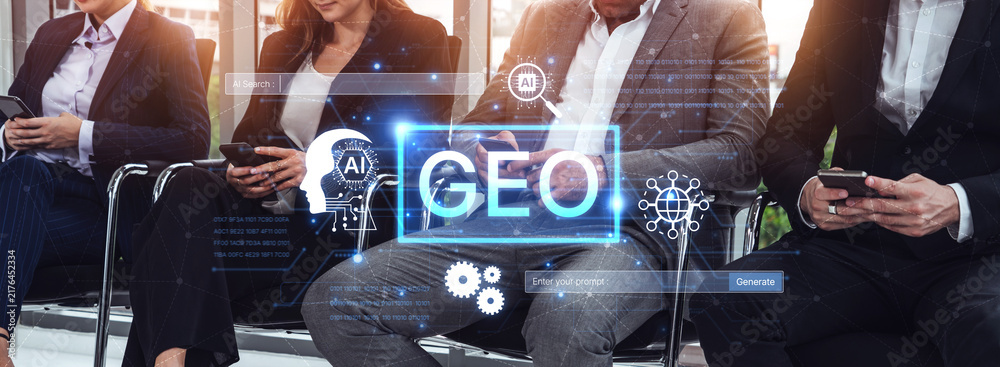 Naklejka premium Digital marketing concept featuring GEO strategy. Generative AI search visual shows GEO interface integrating intelligence, logic, and AI input system for prompt tasks. Corpus