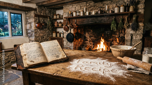 Family recipe flour inscription banner with fireplace, old cookbook and rustic kitchen atmosphere