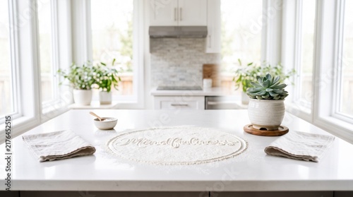 Mindfulness flour inscription banner with modern kitchen, plants and cozy atmosphere