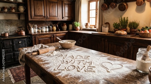 Made with love flour inscription banner with rustic kitchen, rolling pin and cozy atmosphere