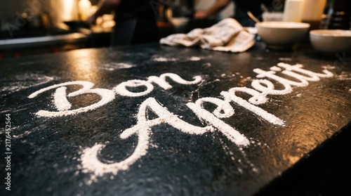 Bon Appétit flour inscription banner with bowls, towel and cozy kitchen atmosphere