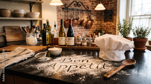 Bon Appetit flour inscription banner with chef hat, wooden spoon and rustic kitchen atmosphere