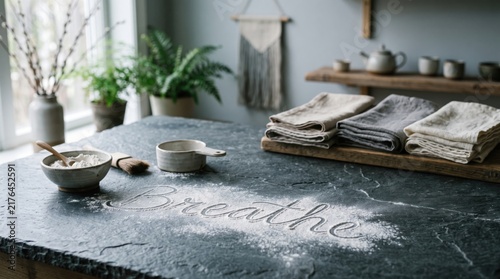 Breathe flour inscription banner with ceramic bowl, wooden spoon and rustic kitchen atmosphere