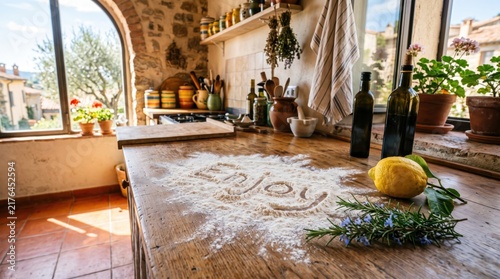 Enjoy flour inscription banner with olive oil, lemon and rustic Mediterranean kitchen atmosphere