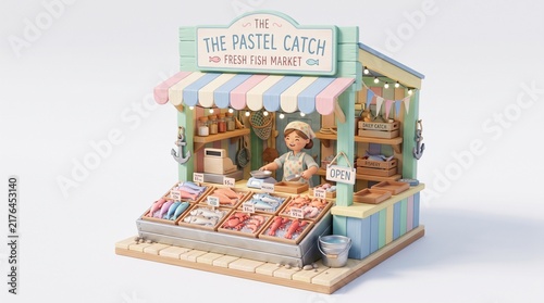 Fresh fish market 3D isometric illustration with cute female vendor selling seafood lobster and crab in pastel miniature shop isolated on white background for small business concept