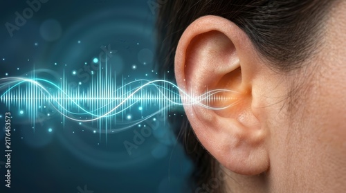 Obraz na płótnie Human ear receiving sound waves visualized as an audio equalizer.