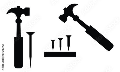 Hammer and nail icon set. Simple representing tools, construction silhouette concept graphic design. Flat style metal template vector illustration on white background.
