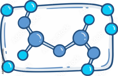 Blue chemical molecular structure icon in a hand drawn doodle style for science education.