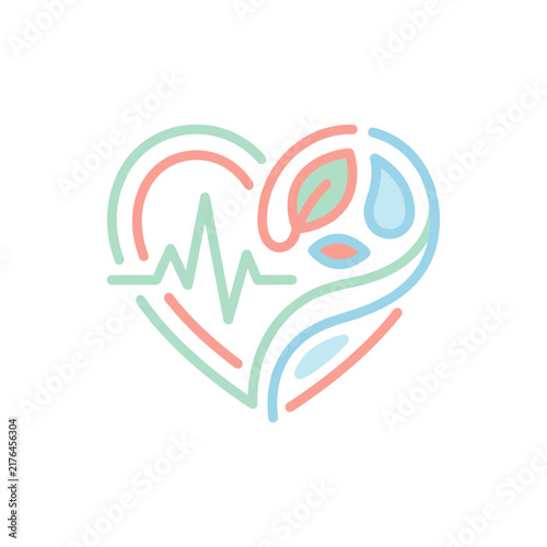 Healthcare heart symbol with heartbeat line and leaf in pastel colors on white