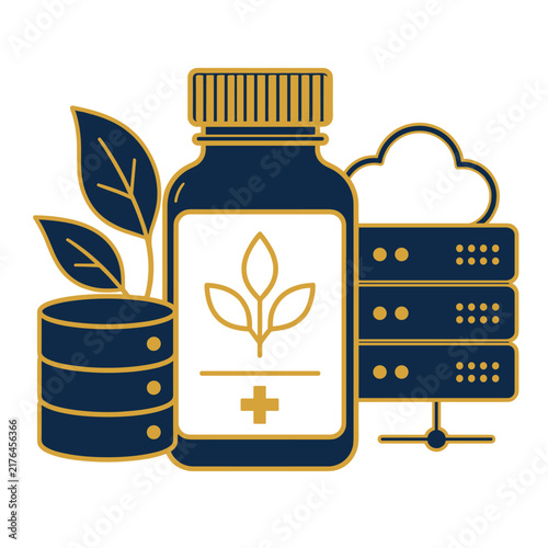 Herbal medicine supplement bottle with database server concept art