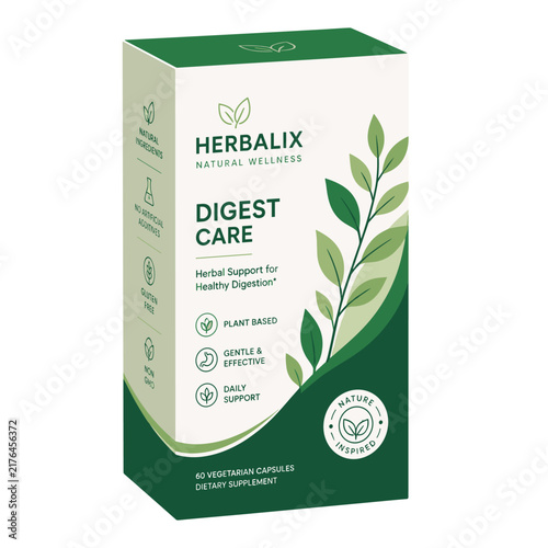Herbal supplement product box packaging with green leaf icon design