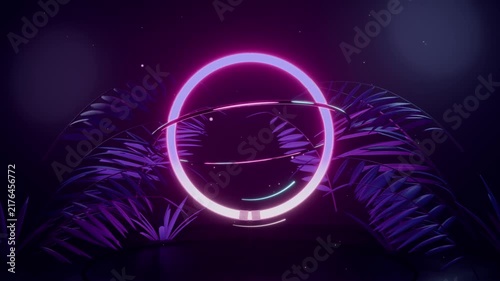Appearing neon pink ring pulsing on dark stage, rotating bands and orbiting cyan arcs