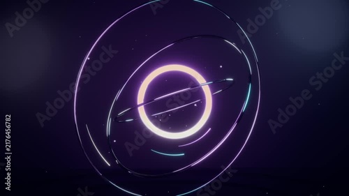 Revealing glowing circular core with orbiting neon arcs at deep purple void, framing warm center