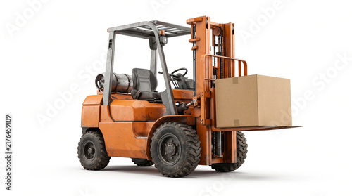 Highly detailed orange warehouse forklift carrying a single plain cardboard carton on its raised forks, rugged black tires, hydraulic pistons, metal safety cage and realistic industrial wear