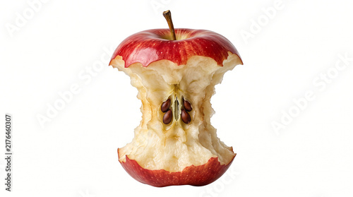 Ultra-realistic partially eaten red apple core with remaining red peel, exposed pale flesh, visible seeds and realistic bite marks, detailed organic texture, centered isolated food object