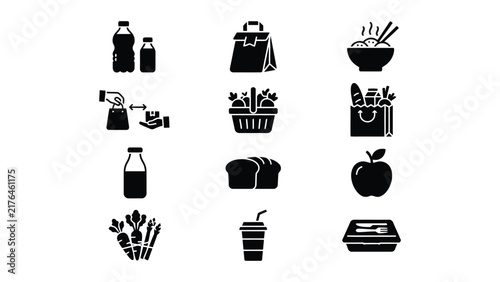 Collection of black and white food and grocery shopping icons with transparent background