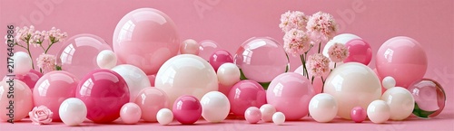 Pastel Pink Glossy Spheres and Flowers Still Life Arrangement Banner 