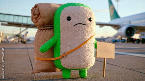 Cute Green Backpacker Character with Luggage at Airport