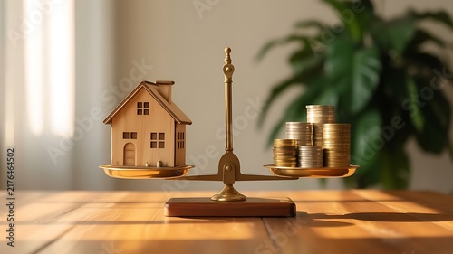 Miniature wooden house model and a stack of gold coins on a brass balance scale representing property value and real estate financial investment