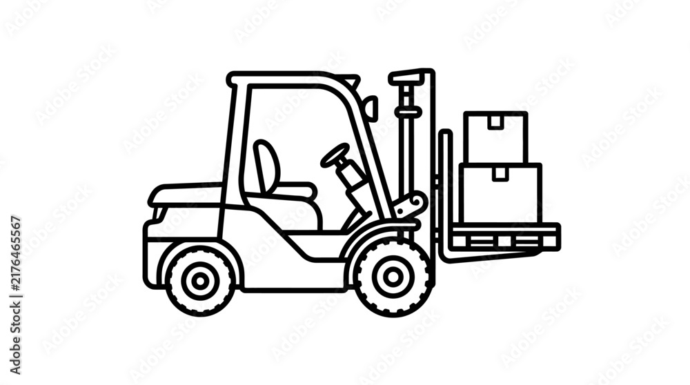 Fototapeta premium Forklift truck line art icon carrying cardboard boxes stacked on a pallet.