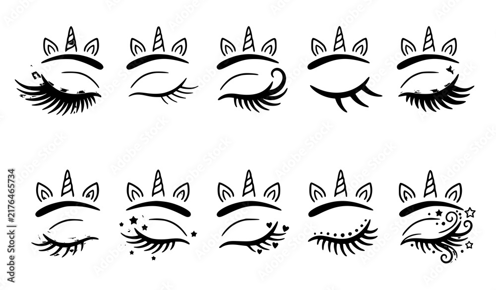 Obraz premium 28. Cute cat eye and eyelash illustration collection featuring different expressions, lashes and decorative eye designs in black outline