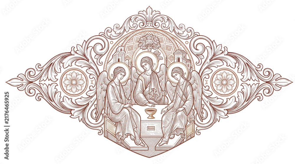 Fototapeta premium Holy Trinity — Three Angels at the Table in Ornamental Frame - Engraving.