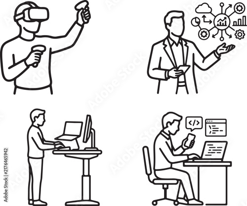 Modern Technology and Digital Work Line Art Vector Set VR Glasses Analytics Standing Desk Coding Icon Collection