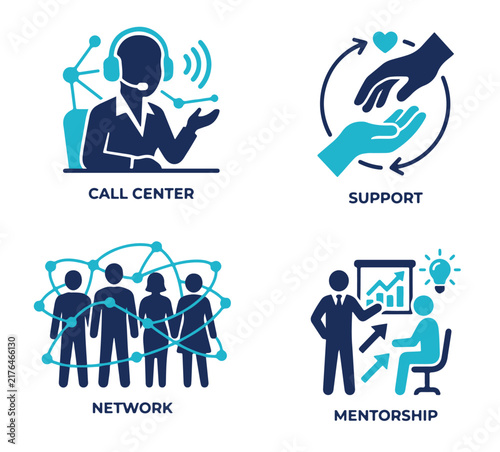 Business Support and Network Concept Vector Icon Set Call Center Customer Care Mentorship Blue Gradient Collection