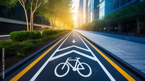Urban bicycle lane with white painted markings on asphalt road leading towards modern glass skyscrapers during a bright sunny morning in city