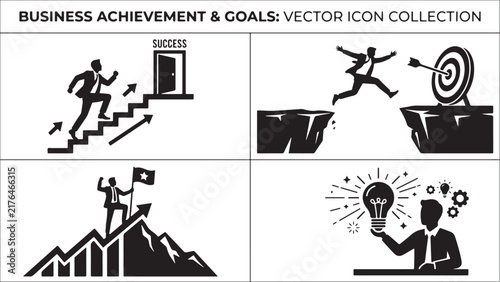 Business Achievement and Goals Silhouette Vector Set Success Staircase Target Jump Mountain Flag Idea Icon Collection
