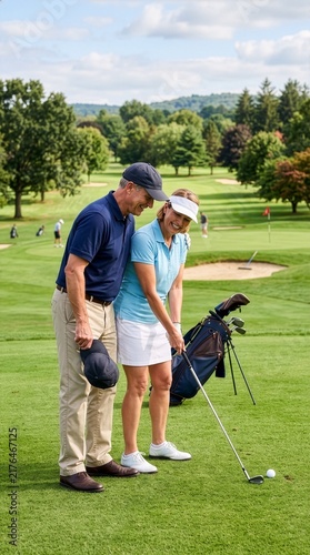 Tapety artystyczne Golf Instructor Helping Mature Woman Improve Her Golf Swing.