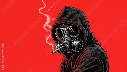 Hooded Rebel Figure Wearing Gas Mask Smoking Cigarette Vintage Pop Art Illustration