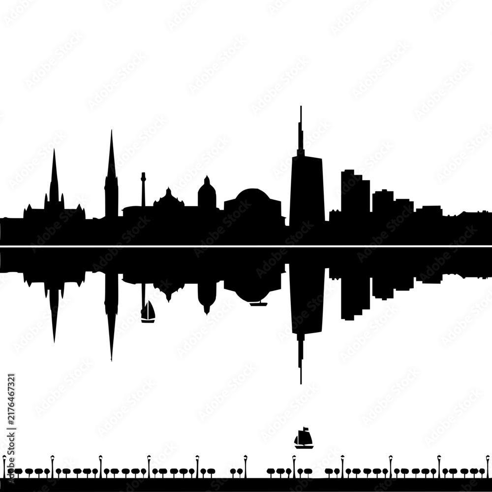 Fototapeta premium Black silhouette of a city skyline with water reflection and small sailboat on white background