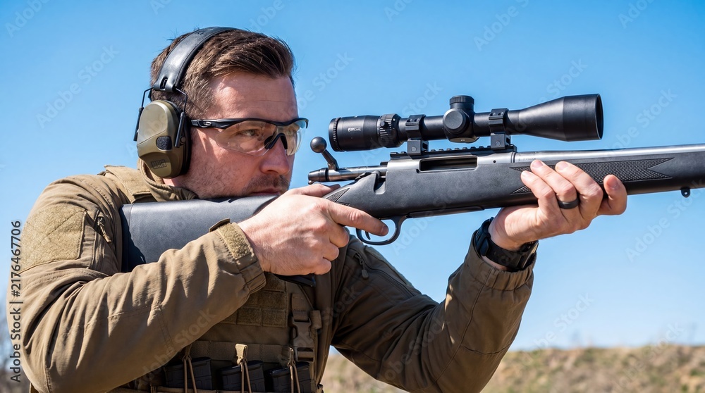 Fototapeta premium Man in tactical gear aiming sniper rifle with optical scope at shooting range. Shooter wearing ear protection and safety glasses. Hunting, sport shooting and firearms training concept.
