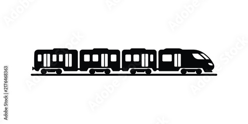 Black and white illustration of a modern passenger train on a simple background