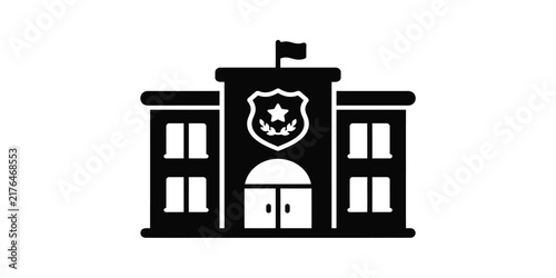 Black and white illustration of a police station building with a flag on top