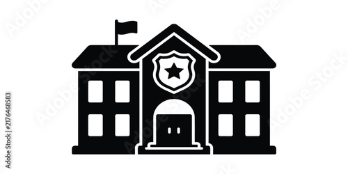 Black silhouette of a police station building with a star badge emblem