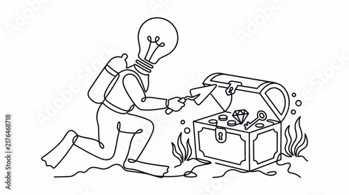 Scuba diver with light bulb head finding underwater treasure chest line art vector illustration for deep creative discovery concept