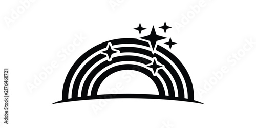 Minimalist black and white illustration of a rainbow with sparkling star accents