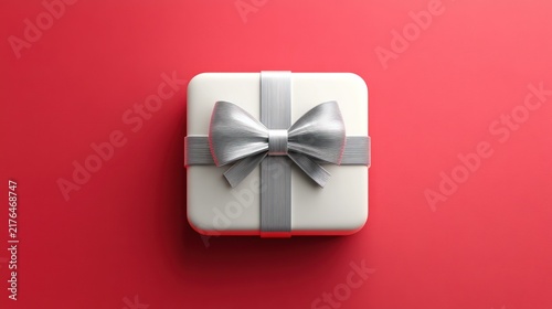 Silver-bowed gift box on red background, holiday promotion