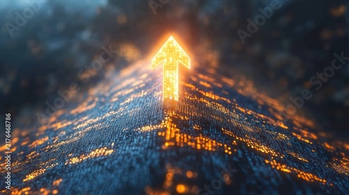 Glowing arrow ascends data peak, digital background, growth concept